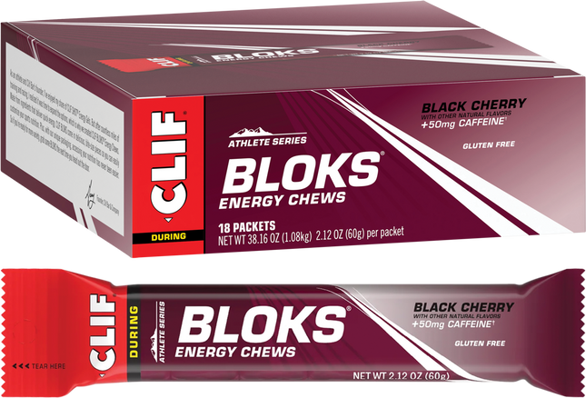 Box and single package of Clif Black Cherry Bloks energy chews.