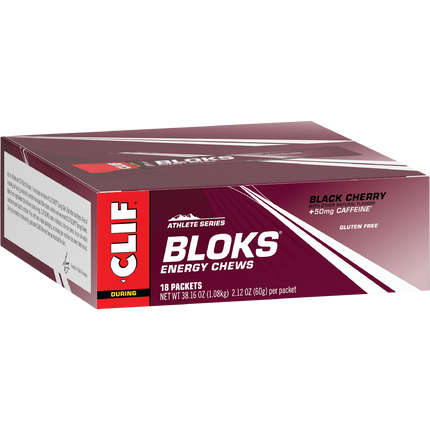 Box of Clif Bloks Black Cherry energy chews on a white background