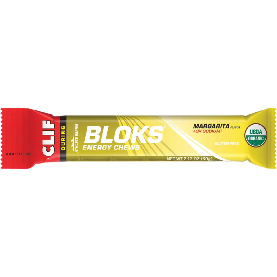 Clif Bloks energy chew package with Margarita flavor on a white background