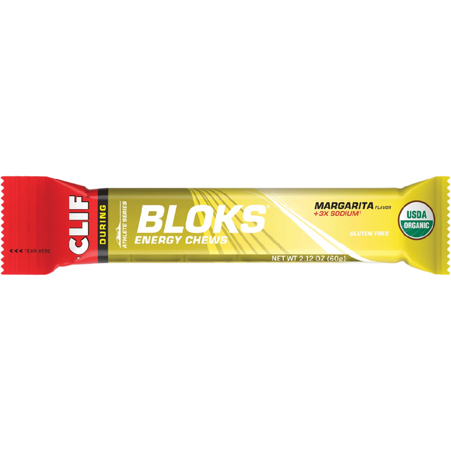 Clif Bloks energy chew package with Margarita flavor on a white background