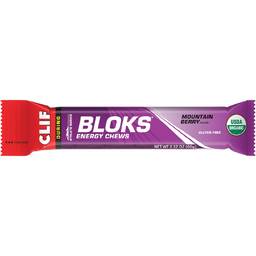 Clif Bloks energy chew package with mountain berry flavor on a white background