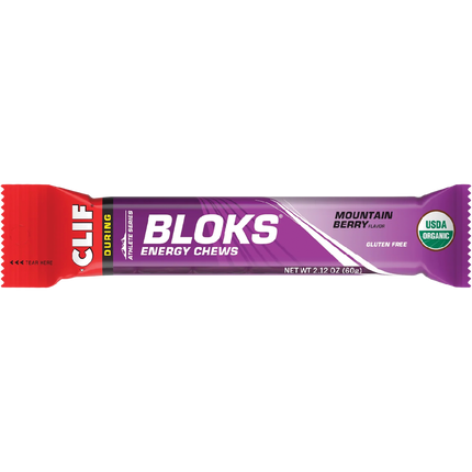 Clif Bloks energy chew package with mountain berry flavor on a white background