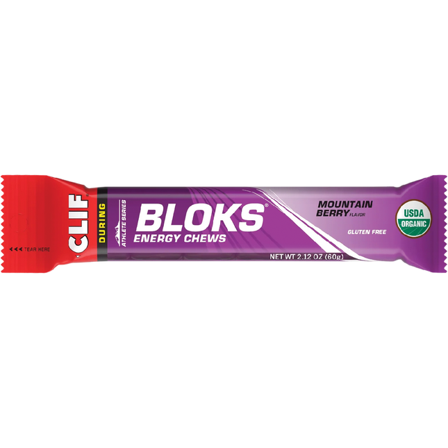 Clif Bloks energy chew package with mountain berry flavor on a white background