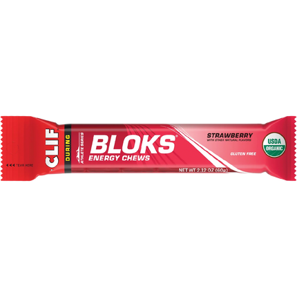 Red package of Clif Bloks Strawberry energy chews on a white background