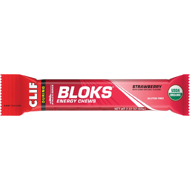Red package of Clif Bloks Strawberry energy chews on a white background
