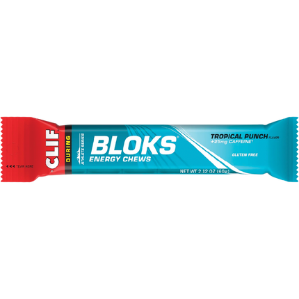 Clif Bloks energy chew package in tropical punch flavor on a white background
