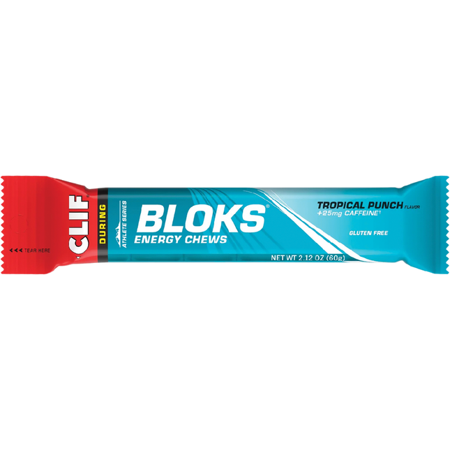 Clif Bloks energy chew package in tropical punch flavor on a white background