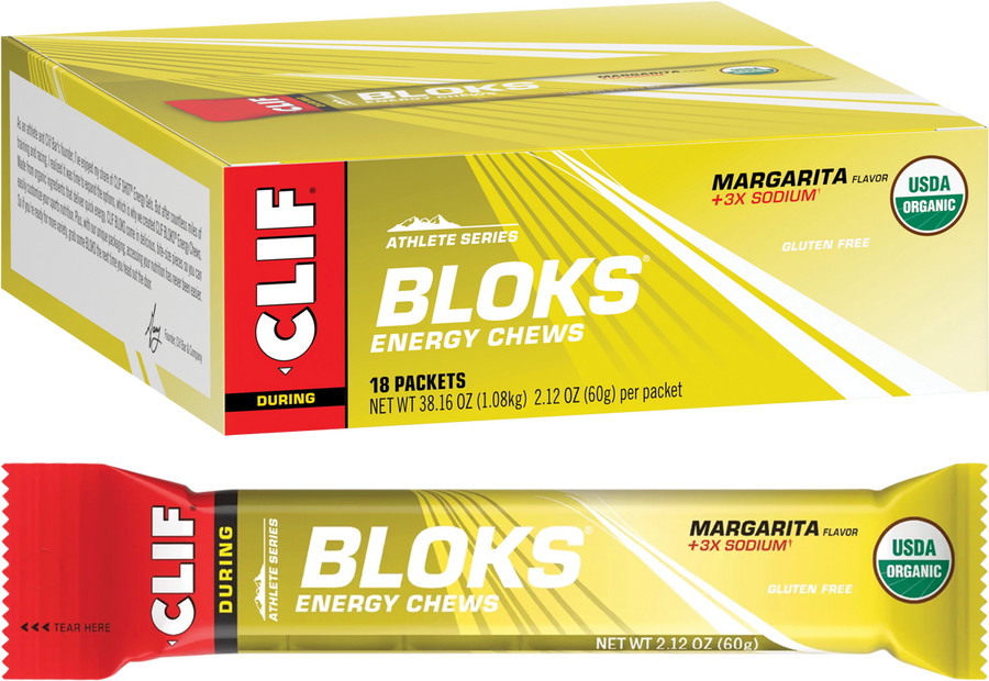 Box of Clif Bloks Energy Chews with a single packet in front