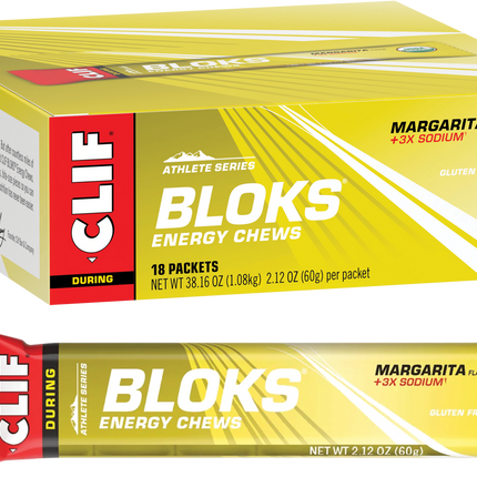 Box of Clif Bloks Energy Chews with a single packet in front