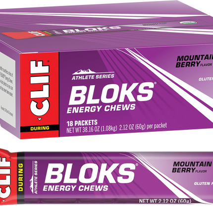 Box and single package of Clif Bloks Energy Chews in Mountain Berry flavor