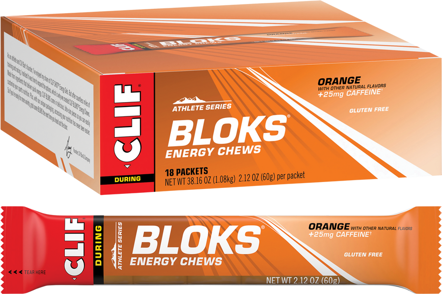 Box of Clif Bloks energy chews with a single packet displayed in front.