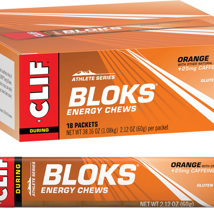 Box of Clif Bloks energy chews with a single packet displayed in front.