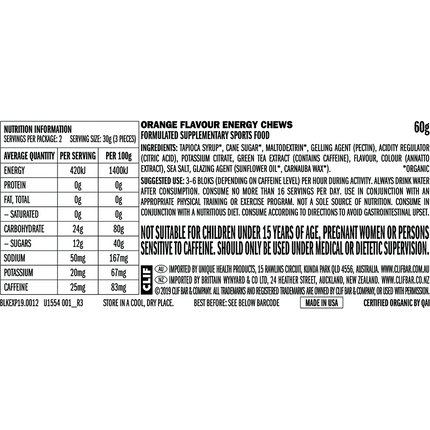 Nutrition label for orange-flavored energy chews on a white background