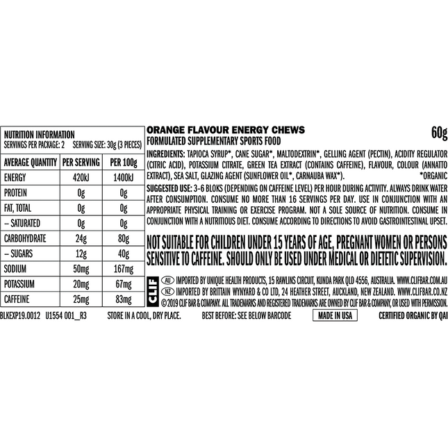 Nutrition label for orange-flavored energy chews on a white background