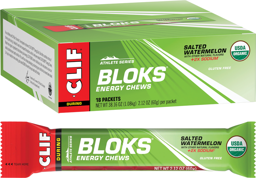 Box of Clif Bloks Energy Chews with a single packet displayed below.