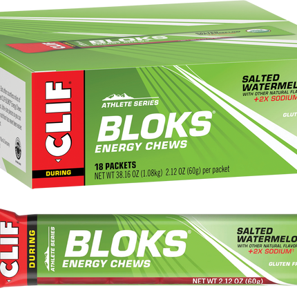 Box of Clif Bloks Energy Chews with a single packet displayed below.