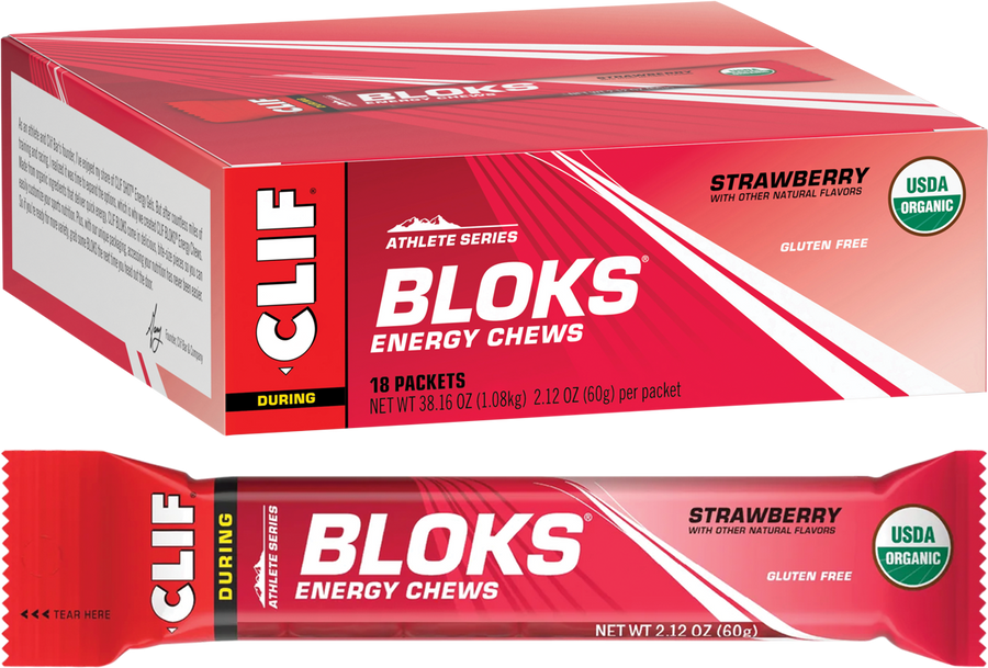 Box of Clif Bloks Energy Chews with a single bar on a white background