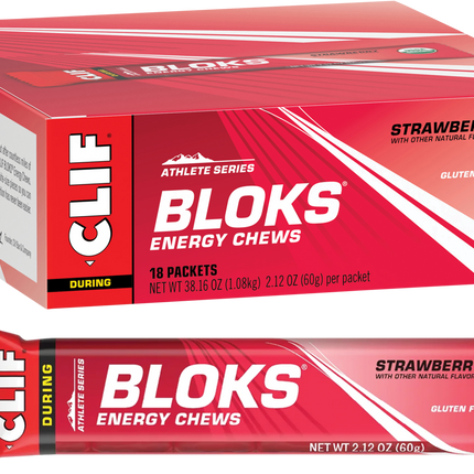 Box of Clif Bloks Energy Chews with a single bar on a white background