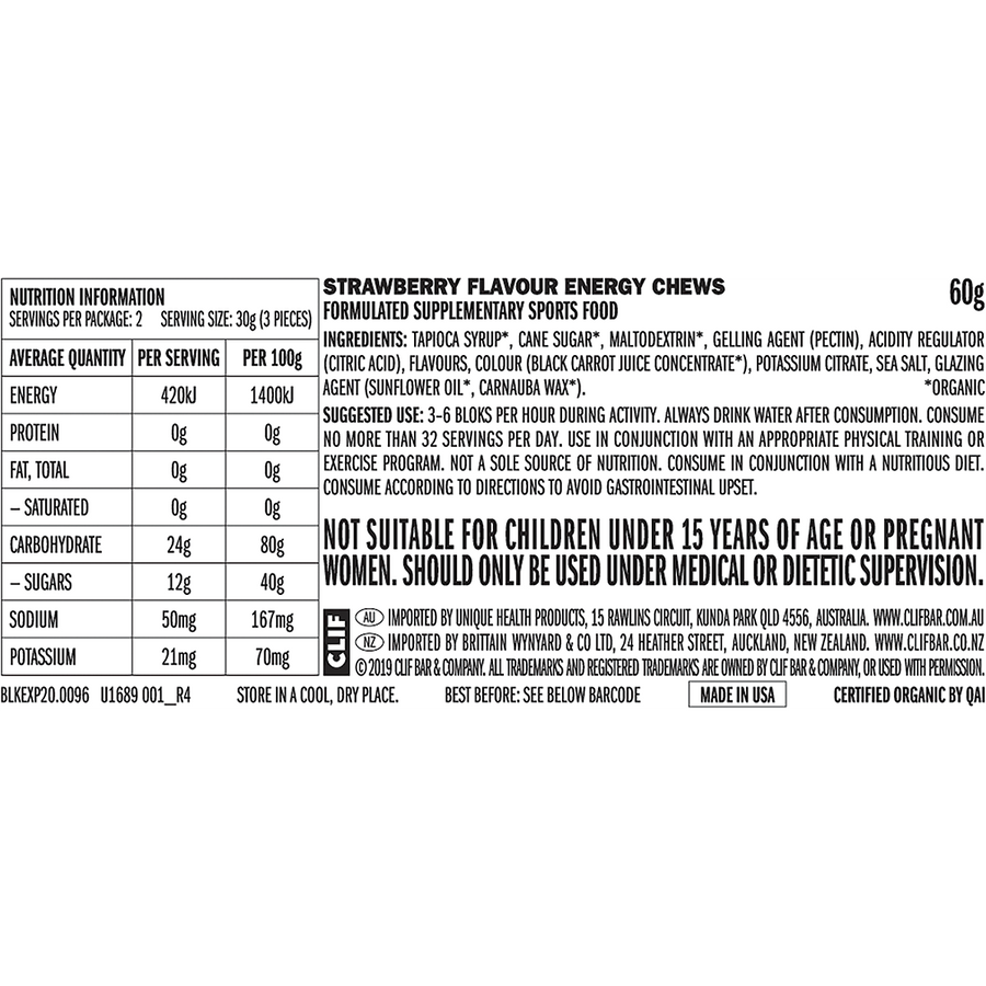 Nutrition label for strawberry flavor energy chews on a white background