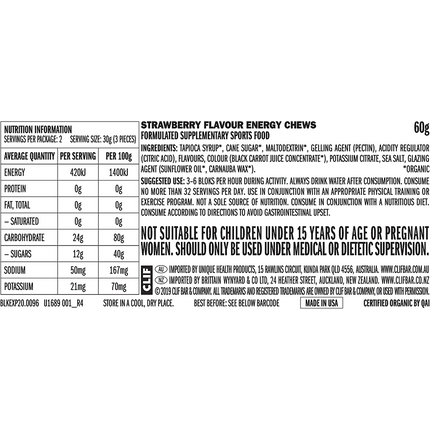 Nutrition label for strawberry flavor energy chews on a white background