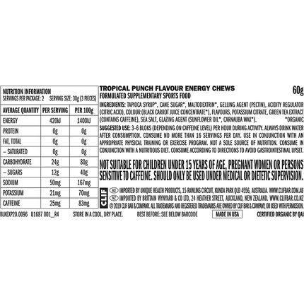 Nutrition label for tropical punch energy chews on a white background