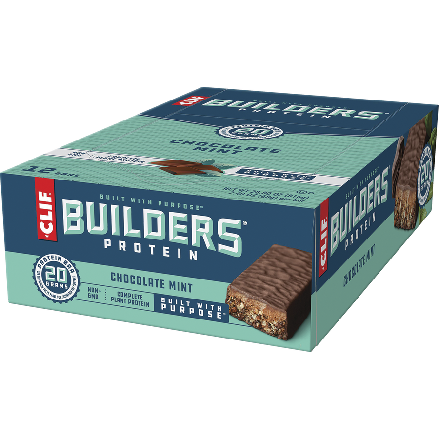 Box of Clif Builders Protein Chocolate Mint bars on a white background