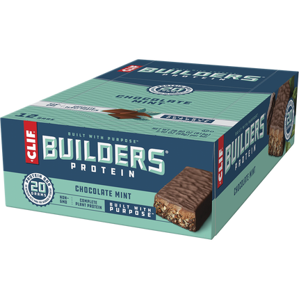 Box of Clif Builders Protein Chocolate Mint bars on a white background