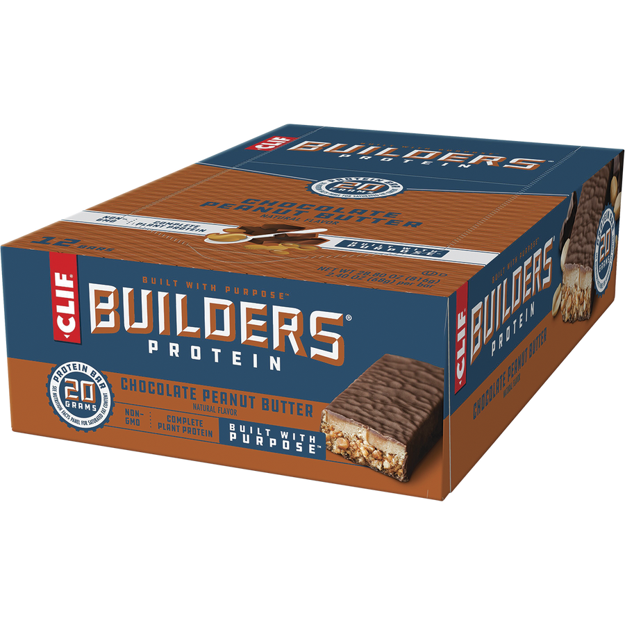 Box of Clif Builders Protein Chocolate Peanut Butter bars on a white background