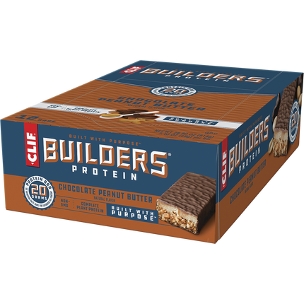 Box of Clif Builders Protein Chocolate Peanut Butter bars on a white background
