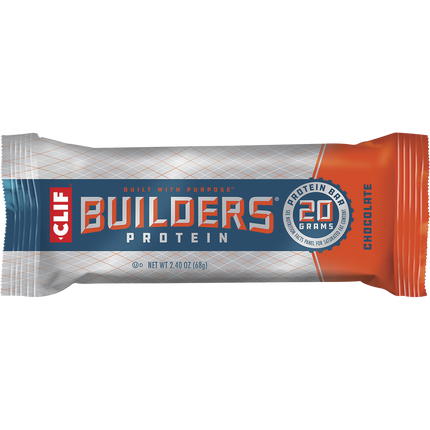 Clif Builders Protein bar with chocolate flavor on a white background