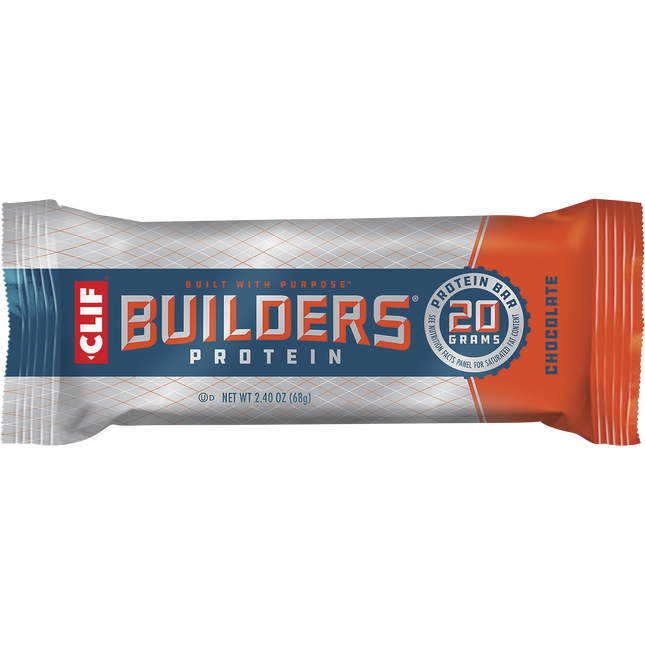 Clif Builders Protein bar with chocolate flavor on a white background