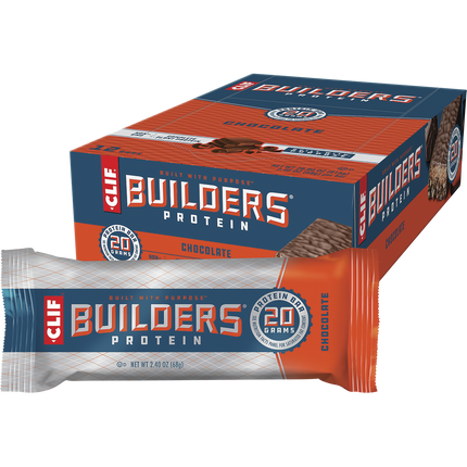 Box of Clif Builders Protein Bars with a single bar in front on a white background