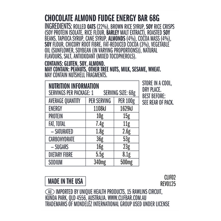 Nutrition label for a chocolate almond fudge energy bar on a white background