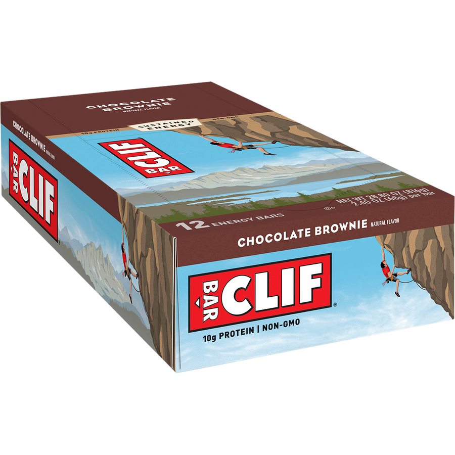 Box of Clif Bar Chocolate Brownie energy bars on a white background