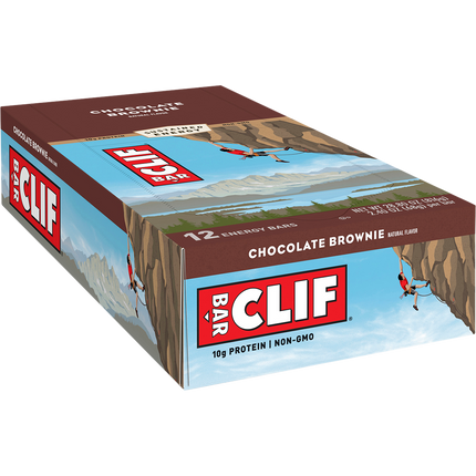 Box of Clif Bar Chocolate Brownie energy bars on a white background