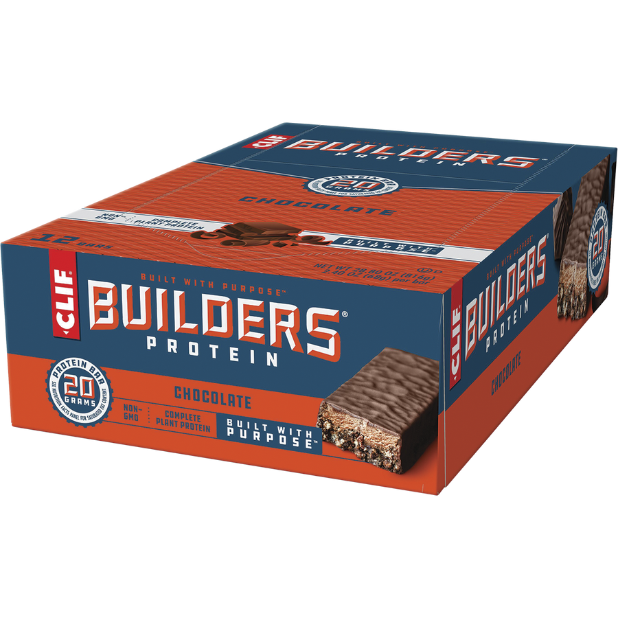 Box of Clif Builders Protein Chocolate bars on a white background