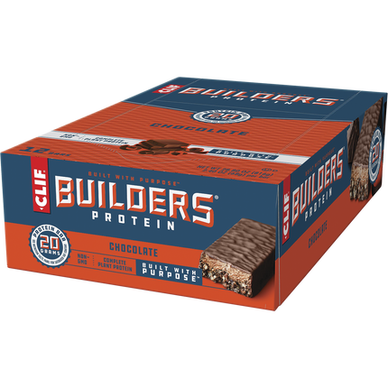 Box of Clif Builders Protein Chocolate bars on a white background