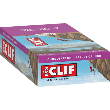 Box of Clif Bar Chocolate Chip Peanut Crunch on a white background