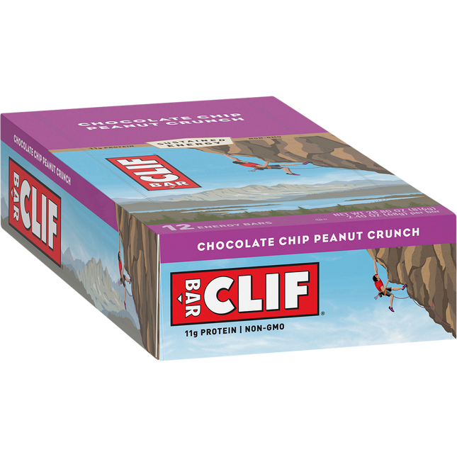 Box of Clif Bar Chocolate Chip Peanut Crunch on a white background
