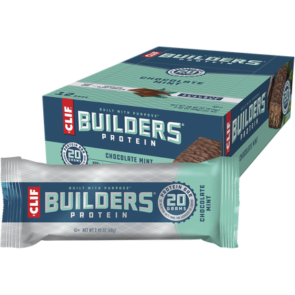 Box and single serving package of Clif Builders Protein Chocolate Mint flavor on a white background