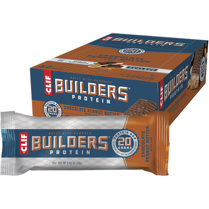 Box of Clif Builders Protein bars with a single bar in front on a white background