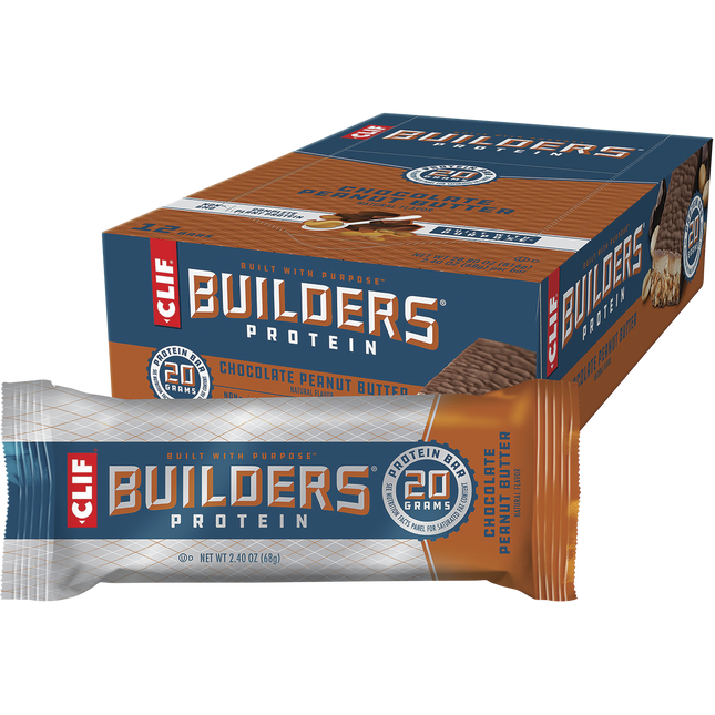 Box of Clif Builders Protein bars with a single bar in front on a white background