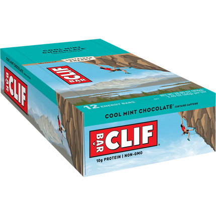 Box of Clif Bar Cool Mint Chocolate energy bars on a white background