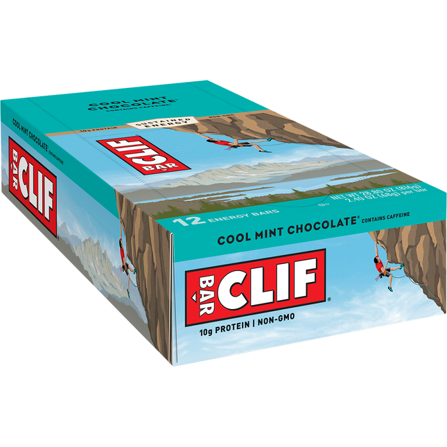 Box of Clif Bar Cool Mint Chocolate energy bars on a white background