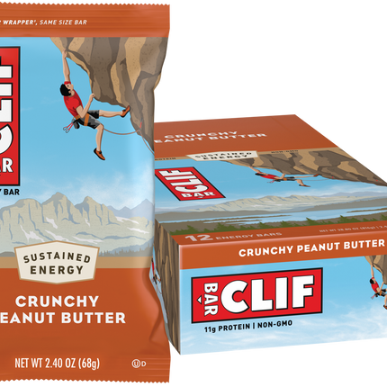 Clif Bar Crunchy Peanut Butter energy bar packaging with a climber illustration on a white background