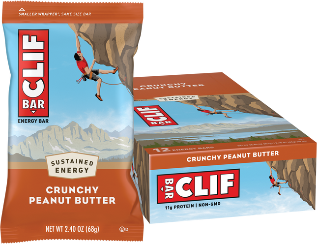 Clif Bar Crunchy Peanut Butter energy bar packaging with a climber illustration on a white background