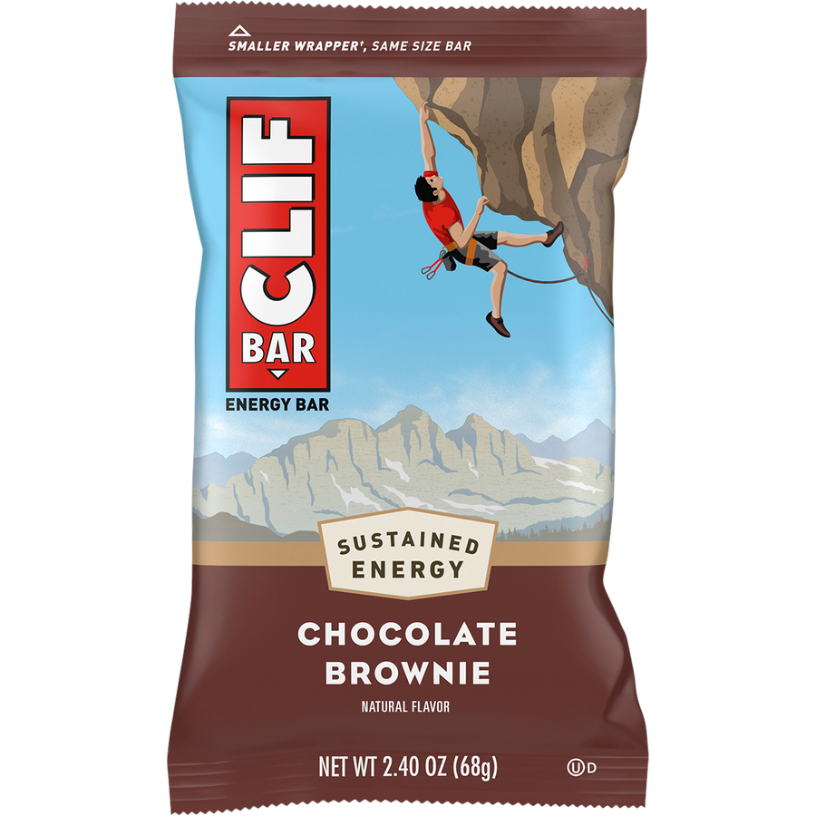 Clif Bar energy bar packaging with climbing scene and mountain background