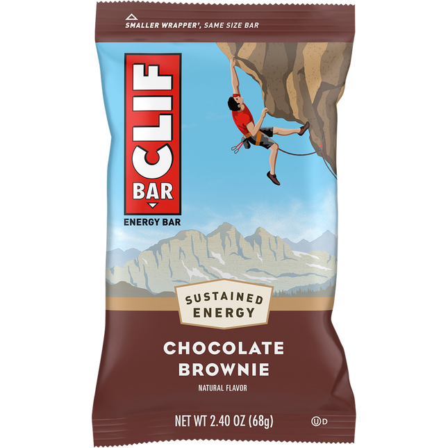 Clif Bar energy bar packaging with climbing scene and mountain background