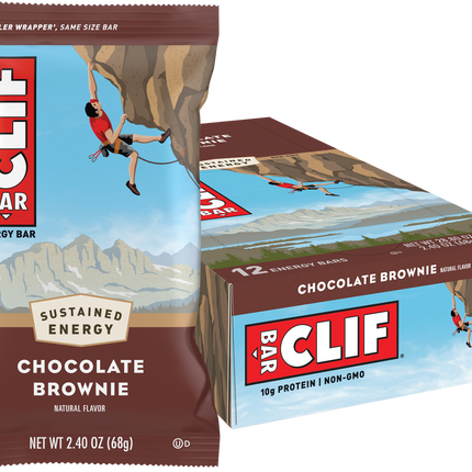 Clif Bar chocolate brownie energy bar packaging with mountain and climber illustration.