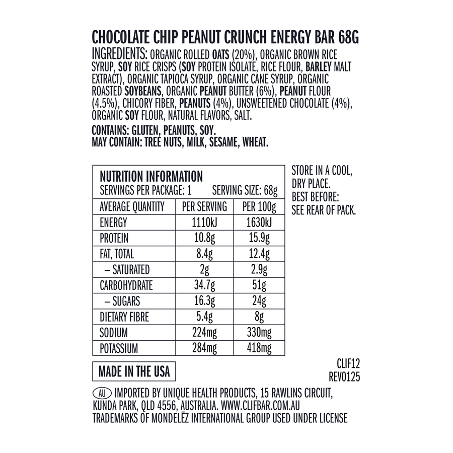 Nutrition label and ingredients list for a chocolate chip peanut crunch energy bar on a white background.